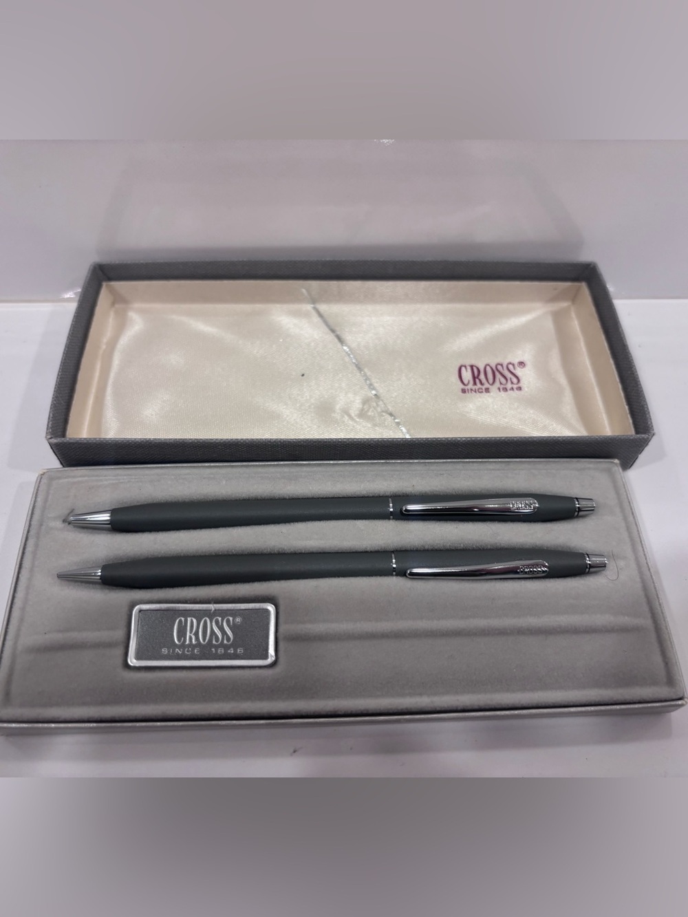 Cross 2101 Gray Ballpoint Pen & Mechanical Pencil Set with Original Box